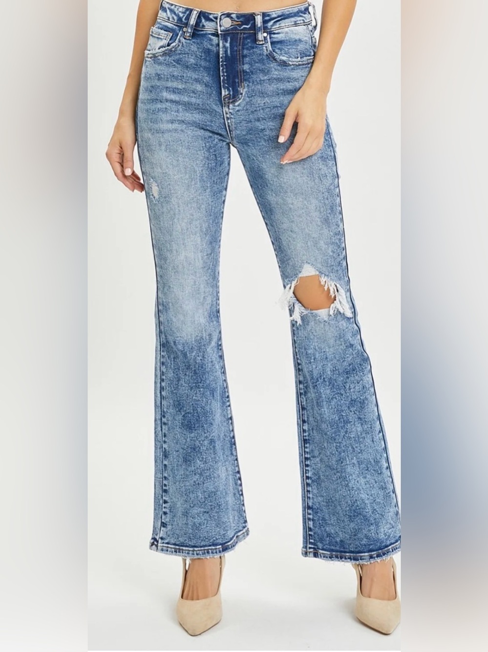 RISEN High Rise Acid Wash Distressed Flare Jeans 9/29